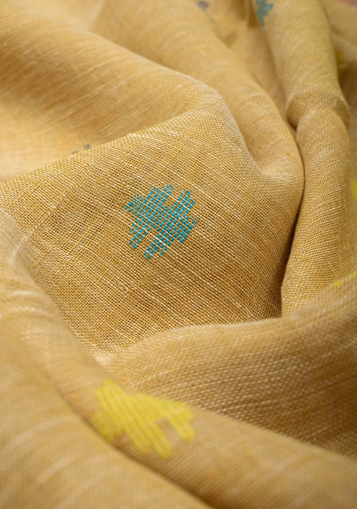 Sand Color Meenakari Buttas on Handloom Linen Saree with Paithani Pallu and Minimal Tissue Border | SHOBITAM
