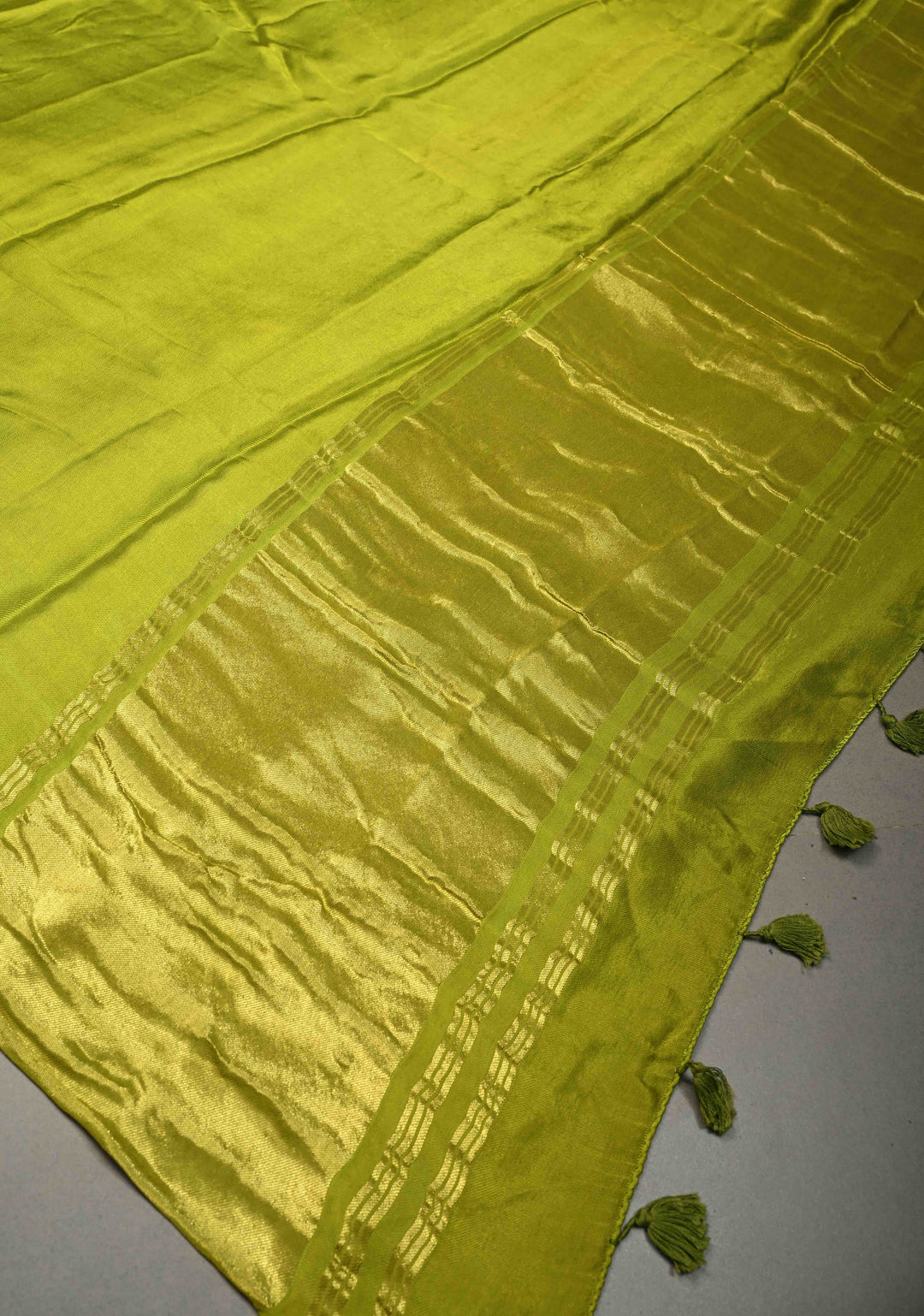 Chartreuse Modal Silk Saree with Lagda Patta Crushed Pallu | SHOBITAM