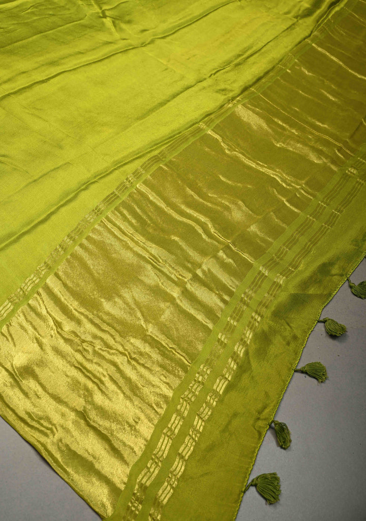 Chartreuse Modal Silk Saree with Lagda Patta Crushed Pallu | SHOBITAM
