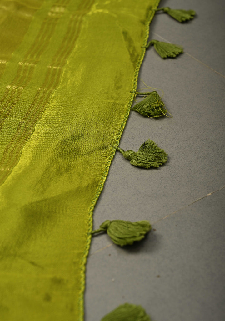 Chartreuse Modal Silk Saree with Lagda Patta Crushed Pallu | SHOBITAM
