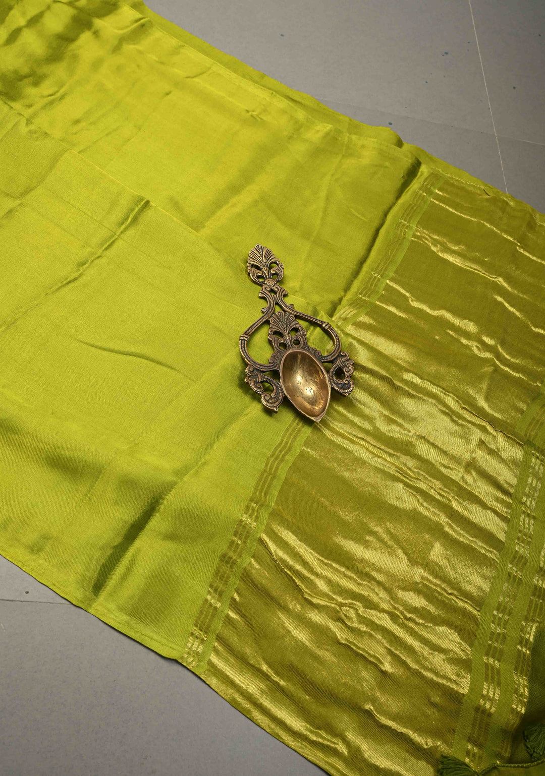 Chartreuse Modal Silk Saree with Lagda Patta Crushed Pallu | SHOBITAM