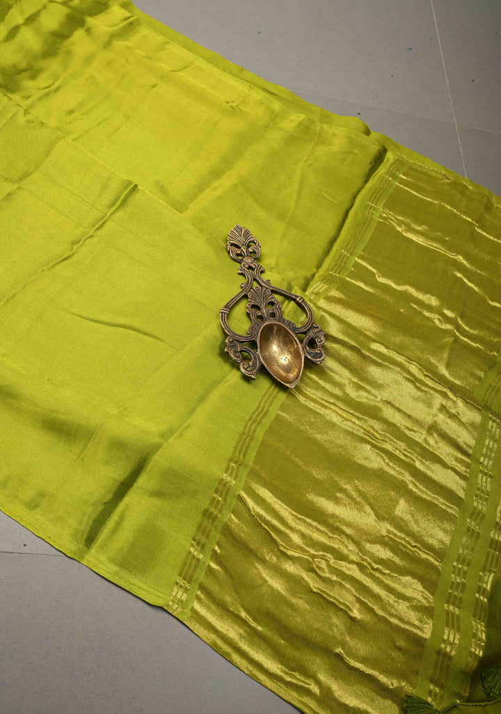 Chartreuse Modal Silk Saree with Lagda Patta Crushed Pallu | SHOBITAM