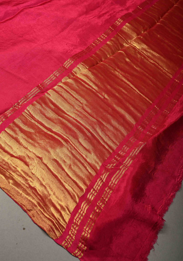 Rani Pink Modal Silk Saree with Lagda Patta Crushed Pallu | SHOBITAM