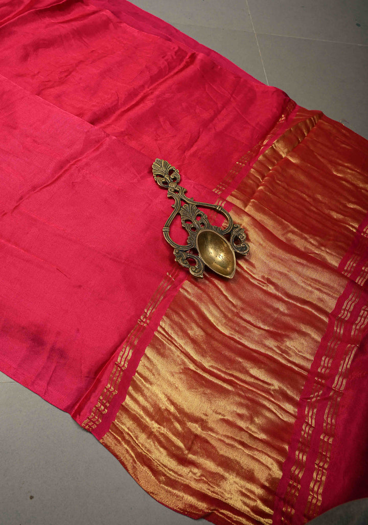 Rani Pink Modal Silk Saree with Lagda Patta Crushed Pallu | SHOBITAM
