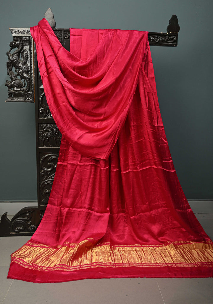 Rani Pink Modal Silk Saree with Lagda Patta Crushed Pallu | SHOBITAM