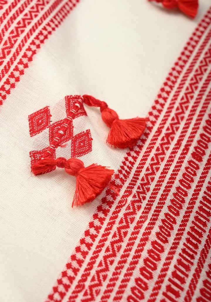 Off White Handloom Bengal Cotton Saree with Resham Buttas and Contrast Borders | SHOBITAM
