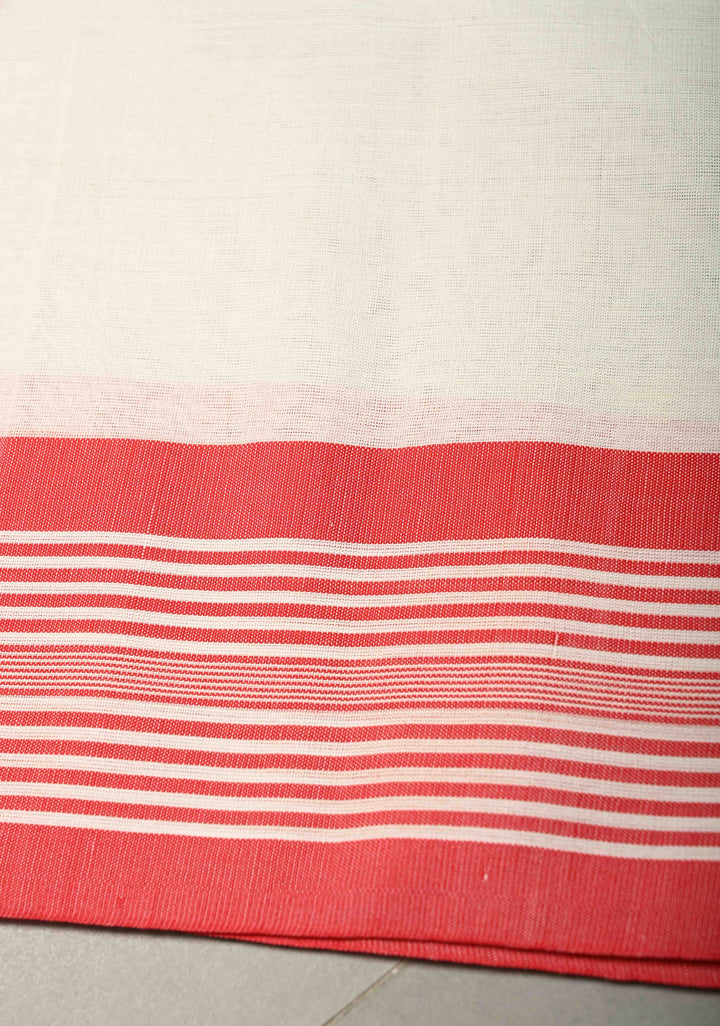 Off White Handloom Bengal Cotton Saree with Resham Buttas and Contrast Borders | SHOBITAM