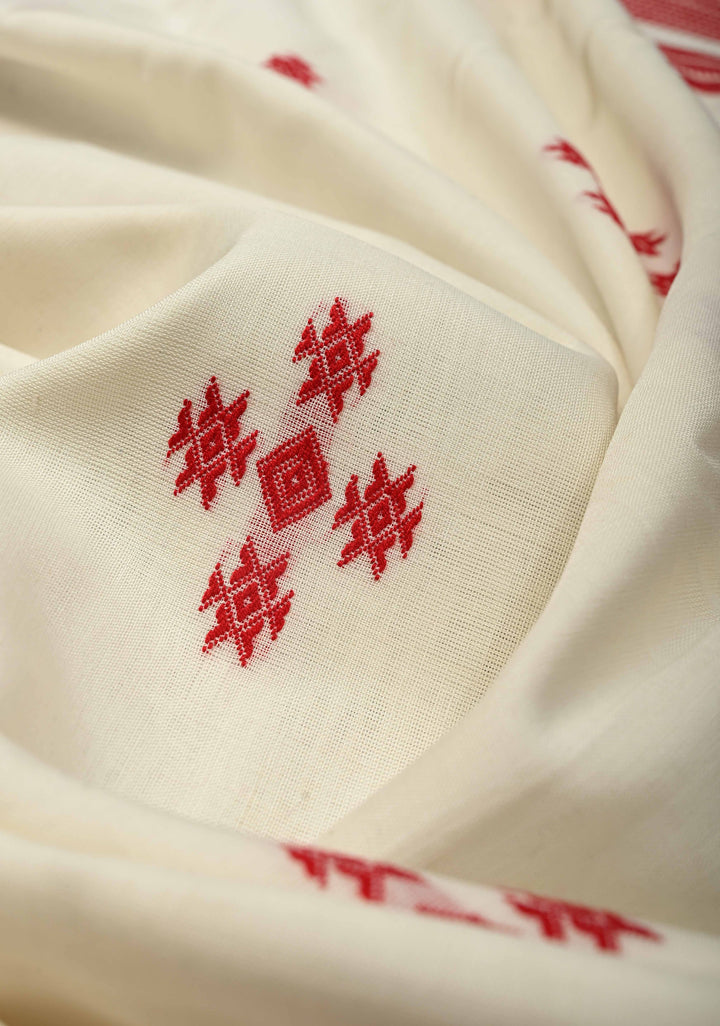 Off White Handloom Bengal Cotton Saree with Resham Buttas and Contrast Borders | SHOBITAM