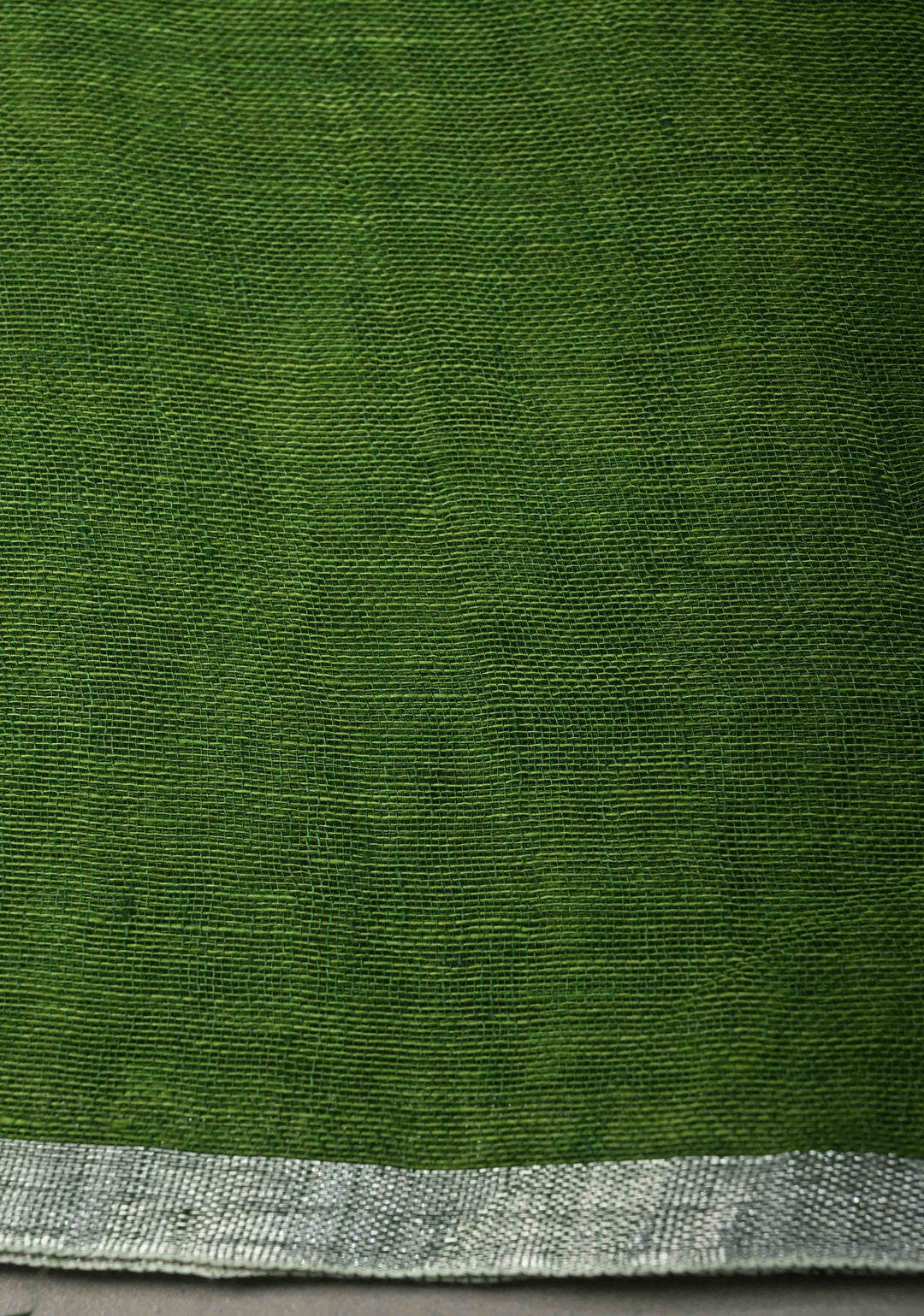 Grass Green Handloom Linen by Linen Saree with Minimal Tissue Border and Honeycomb Tassels | SHOBITAM