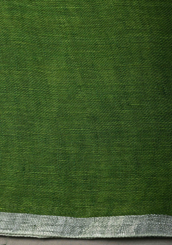 Grass Green Handloom Linen by Linen Saree with Minimal Tissue Border and Honeycomb Tassels | SHOBITAM