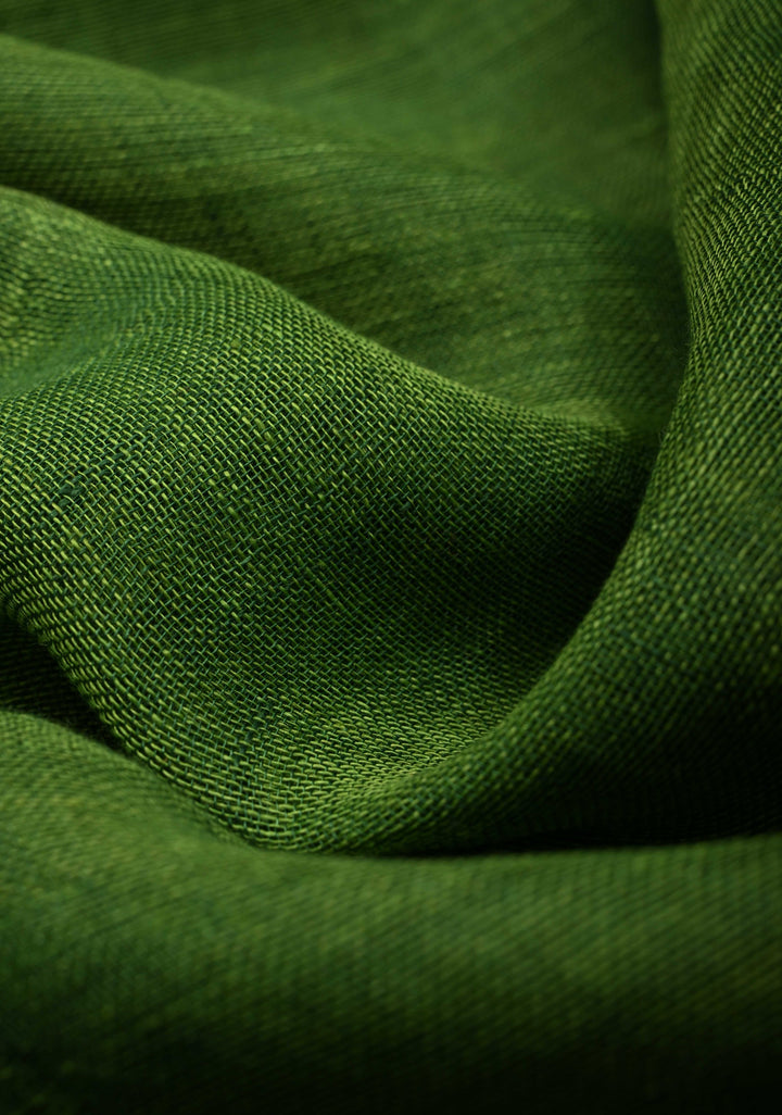 Grass Green Handloom Linen by Linen Saree with Minimal Tissue Border and Honeycomb Tassels | SHOBITAM