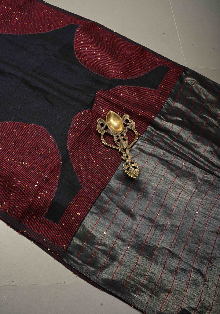 Deep Midnight Blue Handloom Linen by Linen Saree with Pocket Sequins Scallop Red Borders and Silver Tissue Pallu | SHOBITAM