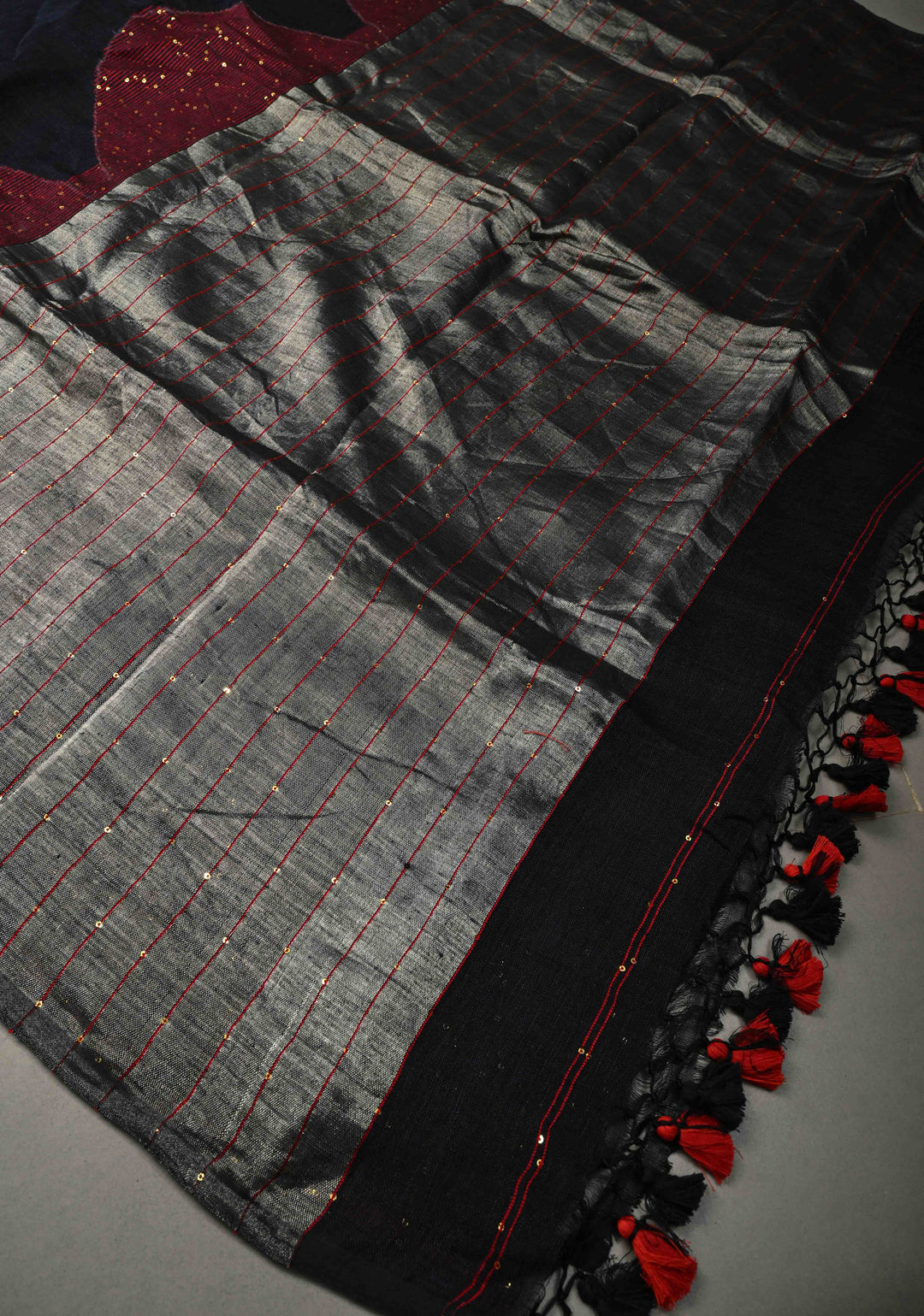 Deep Midnight Blue Handloom Linen by Linen Saree with Pocket Sequins Scallop Red Borders and Silver Tissue Pallu | SHOBITAM