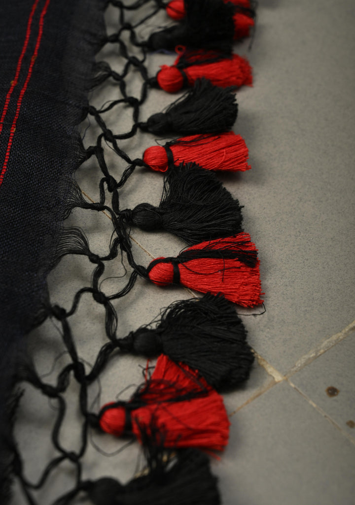 Deep Midnight Blue Handloom Linen by Linen Saree with Pocket Sequins Scallop Red Borders and Silver Tissue Pallu | SHOBITAM