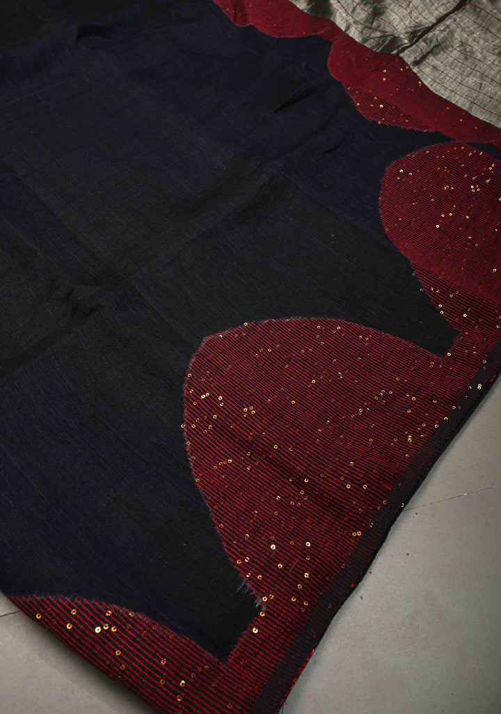 Deep Midnight Blue Handloom Linen by Linen Saree with Pocket Sequins Scallop Red Borders and Silver Tissue Pallu | SHOBITAM