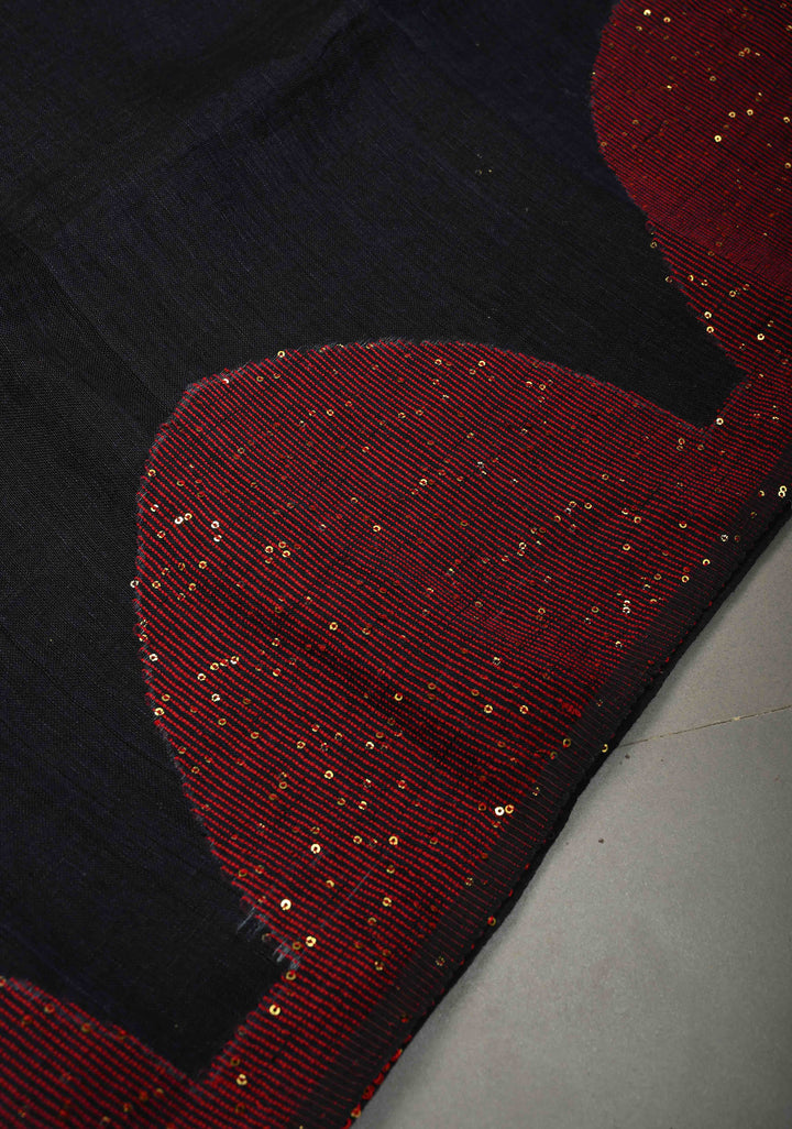 Deep Midnight Blue Handloom Linen by Linen Saree with Pocket Sequins Scallop Red Borders and Silver Tissue Pallu | SHOBITAM