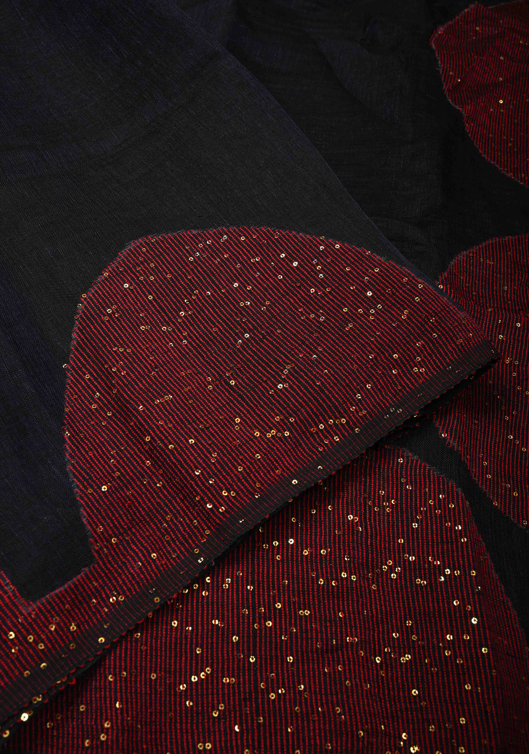 Deep Midnight Blue Handloom Linen by Linen Saree with Pocket Sequins Scallop Red Borders and Silver Tissue Pallu | SHOBITAM