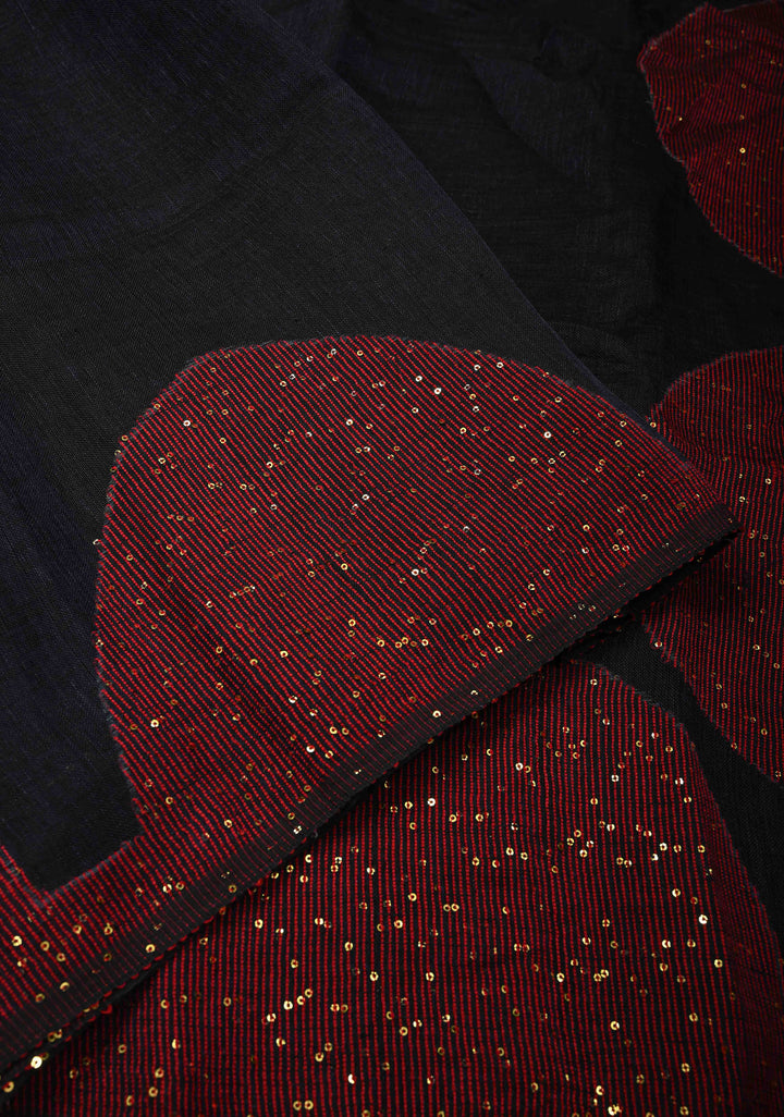 Deep Midnight Blue Handloom Linen by Linen Saree with Pocket Sequins Scallop Red Borders and Silver Tissue Pallu | SHOBITAM