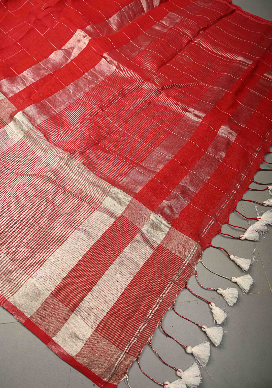 Blood Red Handloom Linen by Linen Saree with Silver Zari Checks and One Side Antique Tissue Stripes Border | SHOBITAM