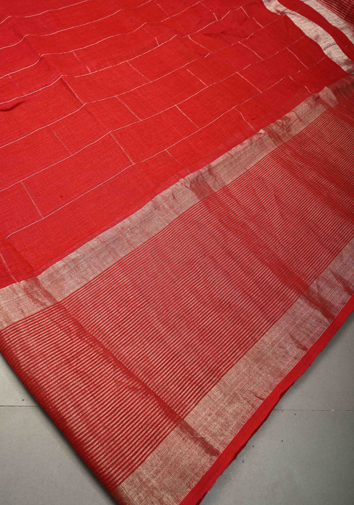 Blood Red Handloom Linen by Linen Saree with Silver Zari Checks and One Side Antique Tissue Stripes Border | SHOBITAM