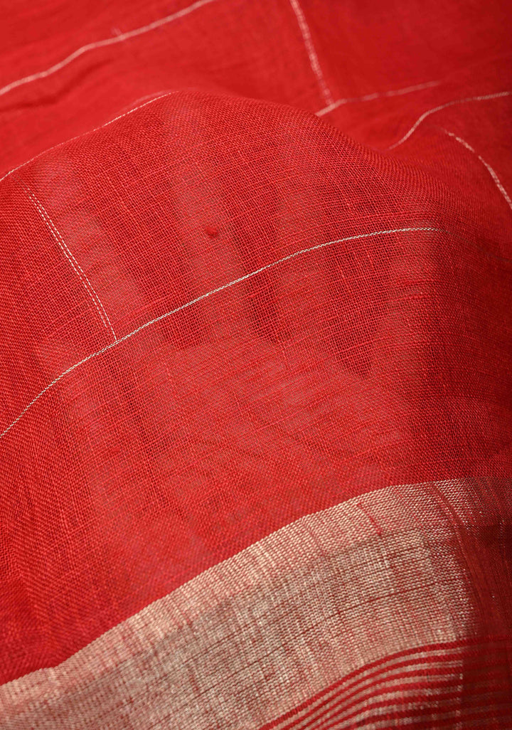 Blood Red Handloom Linen by Linen Saree with Silver Zari Checks and One Side Antique Tissue Stripes Border | SHOBITAM