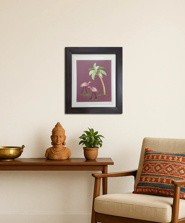 Flamingo Garden Hand Embroidered Wall Art | Framed | SHOBITAM