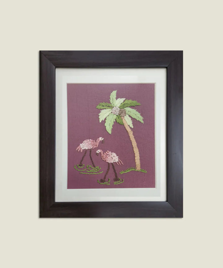 Flamingo Garden Hand Embroidered Wall Art | Framed | SHOBITAM