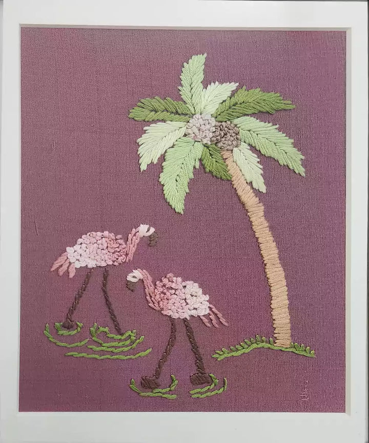 Flamingo Garden Hand Embroidered Wall Art | Framed | SHOBITAM