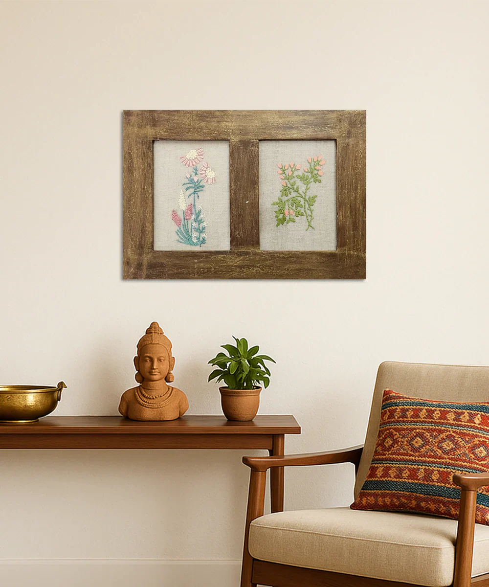 Cottage Garden 2-Panel Hand Embroidered Wall Accent | Wooden Framed Wall Art | SHOBITAM
