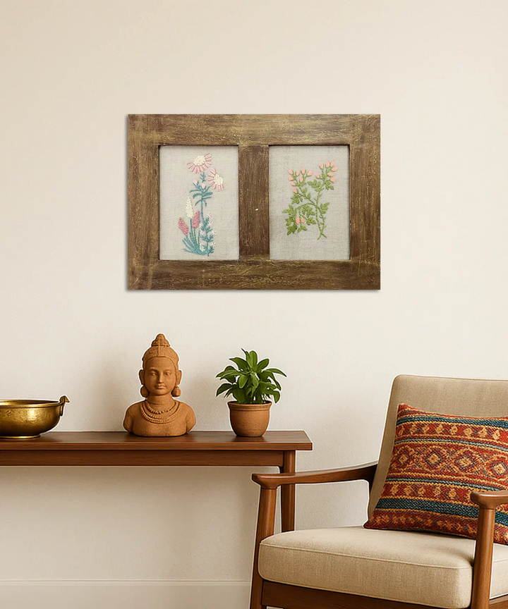 Cottage Garden 2-Panel Hand Embroidered Wall Accent | Wooden Framed Wall Art | SHOBITAM