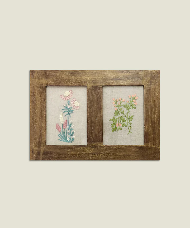 Cottage Garden 2-Panel Hand Embroidered Wall Accent | Wooden Framed Wall Art | SHOBITAM