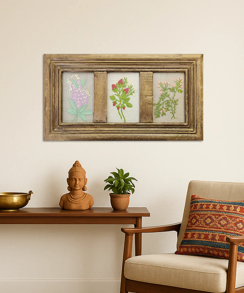 Three Fold Blossom Hand Embroidered Wall Hanging | Wooden Framed Wall Art | SHOBITAM