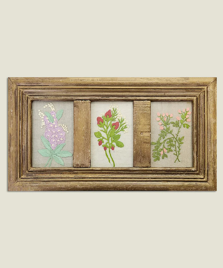 Three Fold Blossom Hand Embroidered Wall Hanging | Wooden Framed Wall Art | SHOBITAM