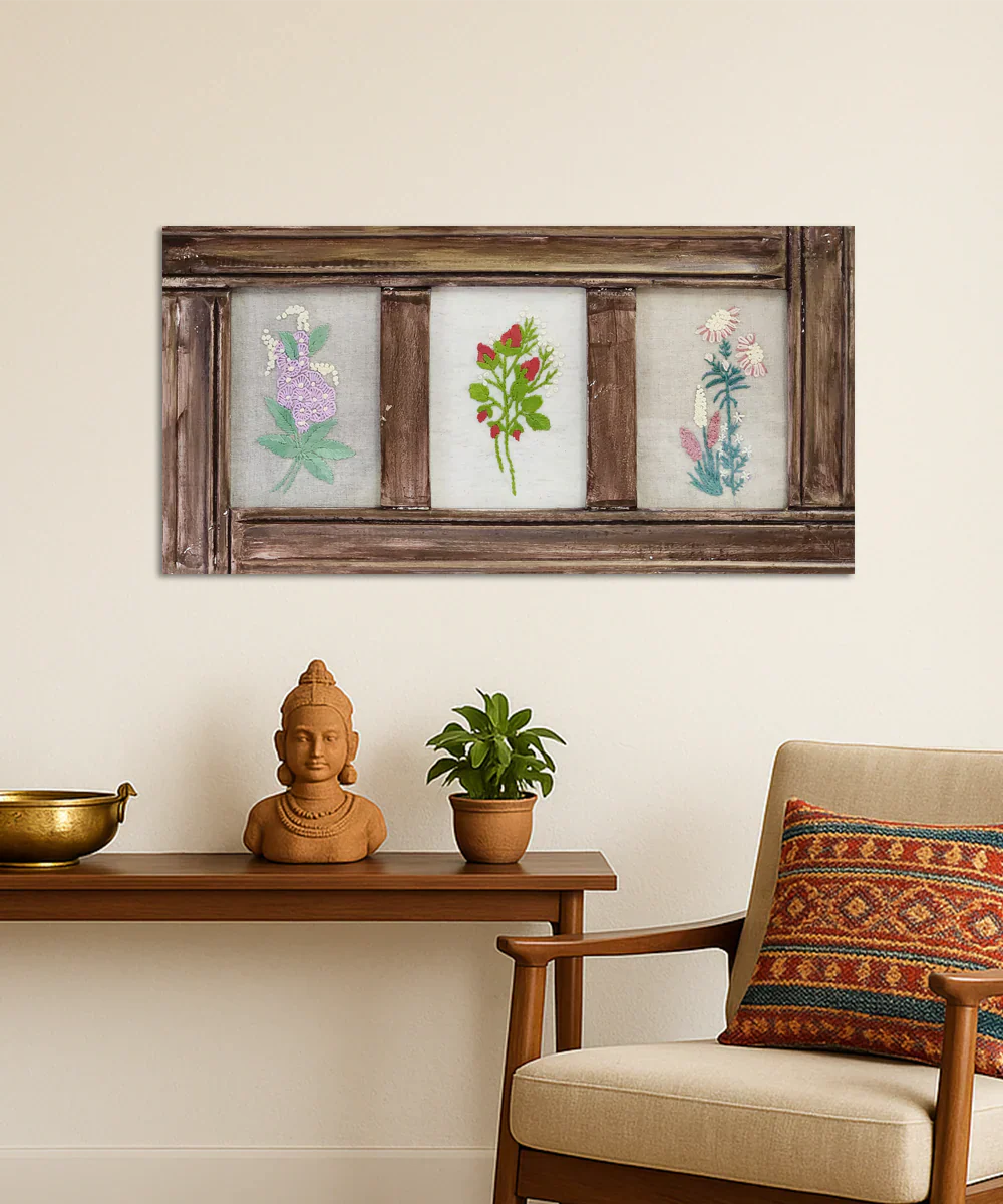 Foral Trifecta Rustic Hand Embroidered Wall Hanging | Wooden Framed Wall Art | SHOBITAM