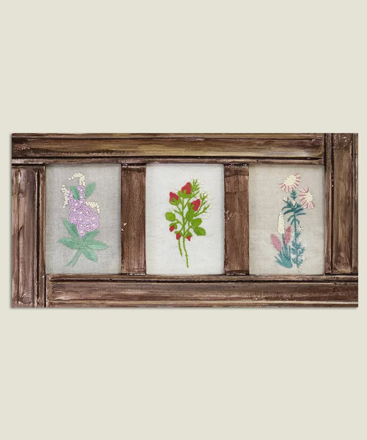 Foral Trifecta Rustic Hand Embroidered Wall Hanging | Wooden Framed Wall Art | SHOBITAM
