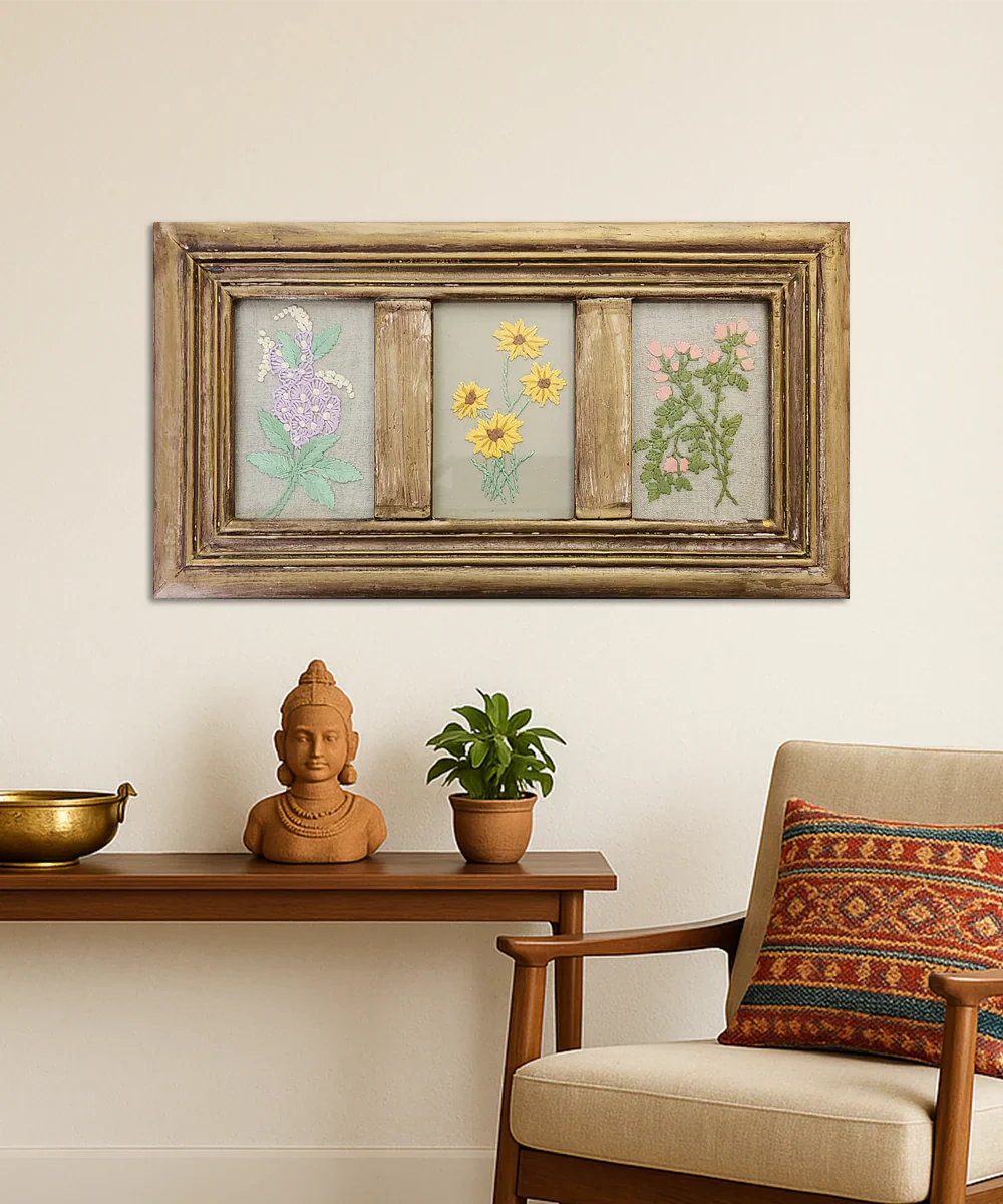 Floral Window Hand Embroidered Wall Accent | Wooden Framed Wall Art | SHOBITAM