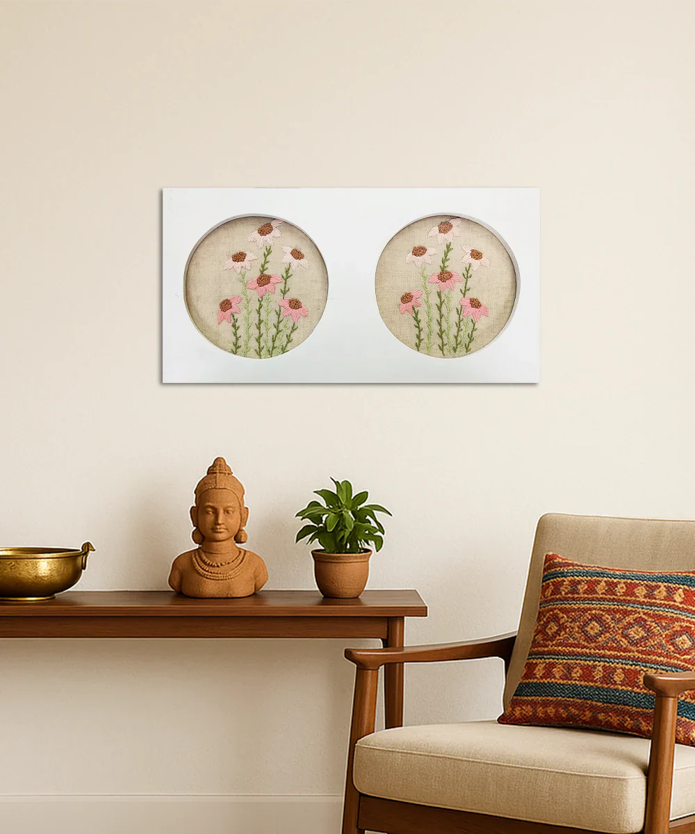 Floral Chorus Hand Embroidered Wall Hanging | Wooden Framed Wall Art | SHOBITAM