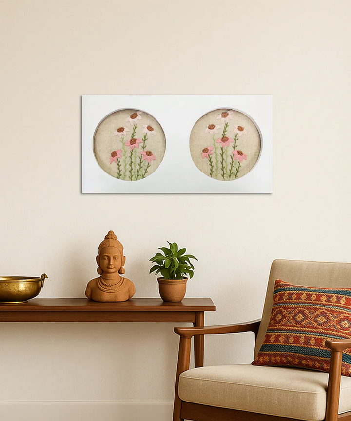 Floral Chorus Hand Embroidered Wall Hanging | Wooden Framed Wall Art | SHOBITAM
