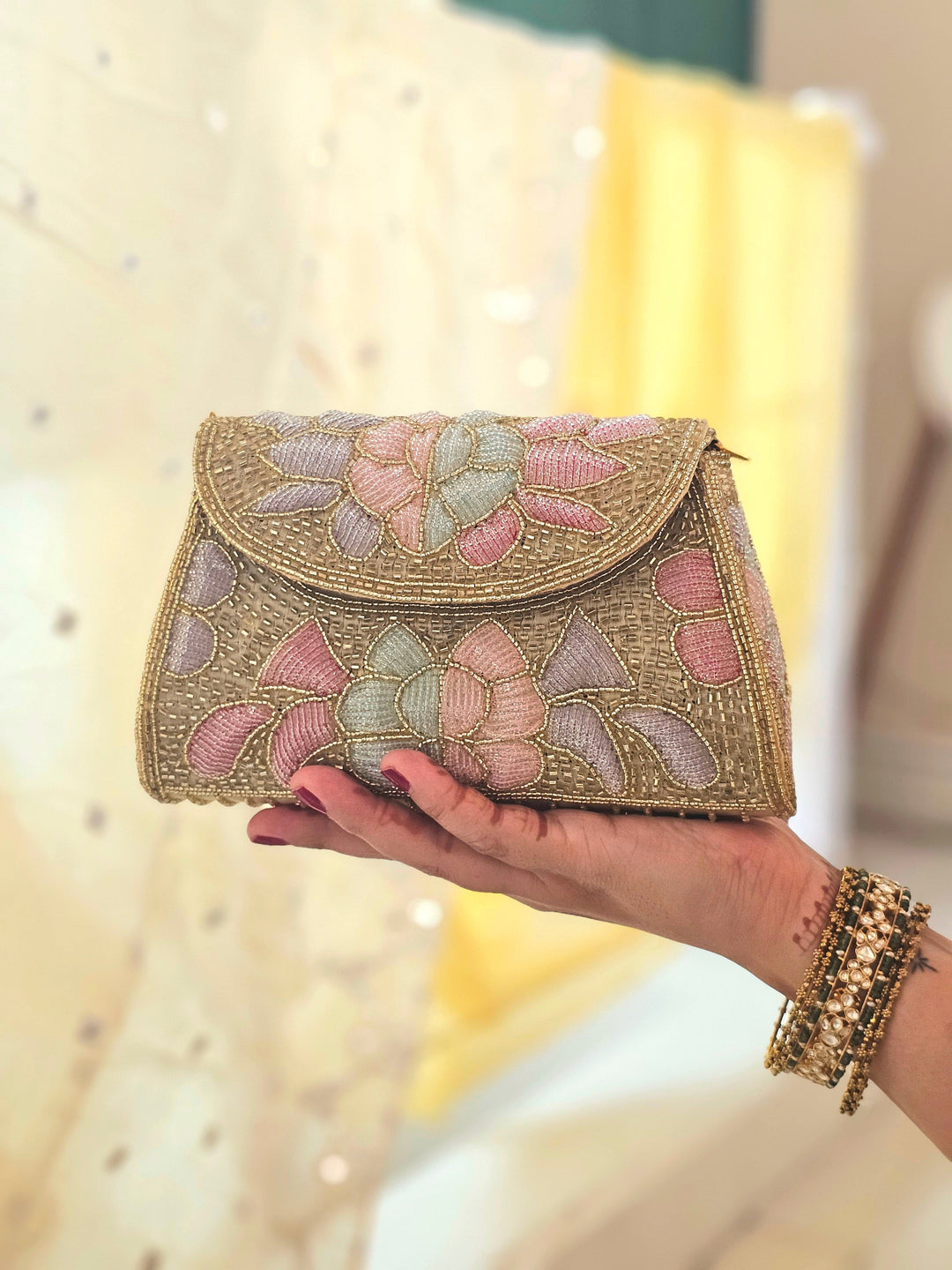 GOLDEN BLOOM Floral Beadwork Bag