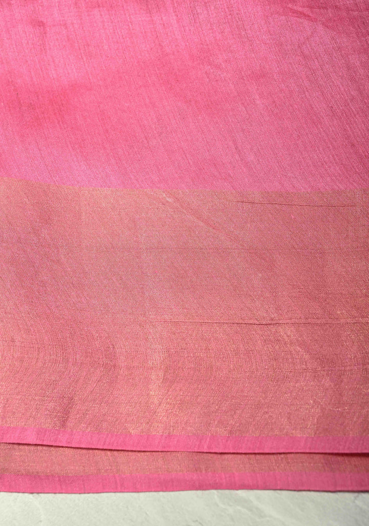 Pink Tussar Silk Saree with Floral Embroidery and Muted zari Border | SILK MARK CERTIFIED | SHOBITAM