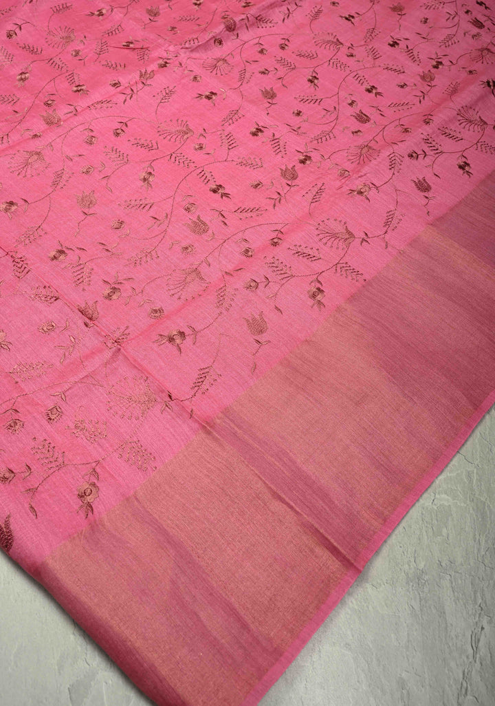 Pink Tussar Silk Saree with Floral Embroidery and Muted zari Border | SILK MARK CERTIFIED | SHOBITAM