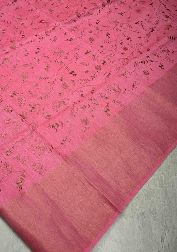 Pink Tussar Silk Saree with Floral Embroidery and Muted zari Border | SILK MARK CERTIFIED | SHOBITAM