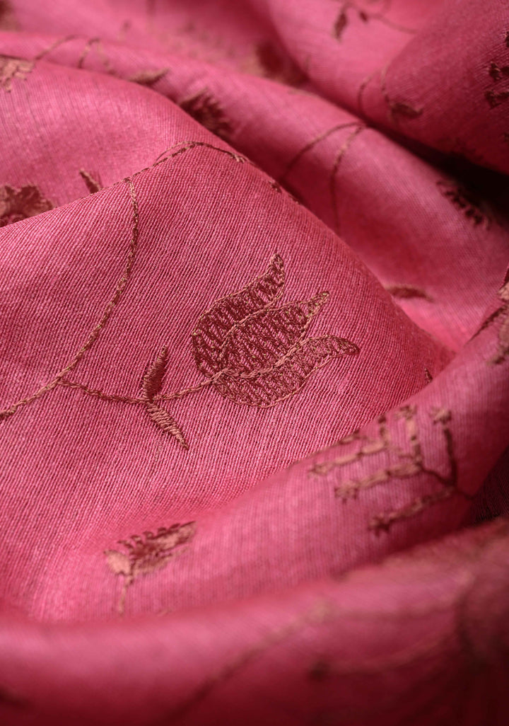 Pink Tussar Silk Saree with Floral Embroidery and Muted zari Border | SILK MARK CERTIFIED | SHOBITAM