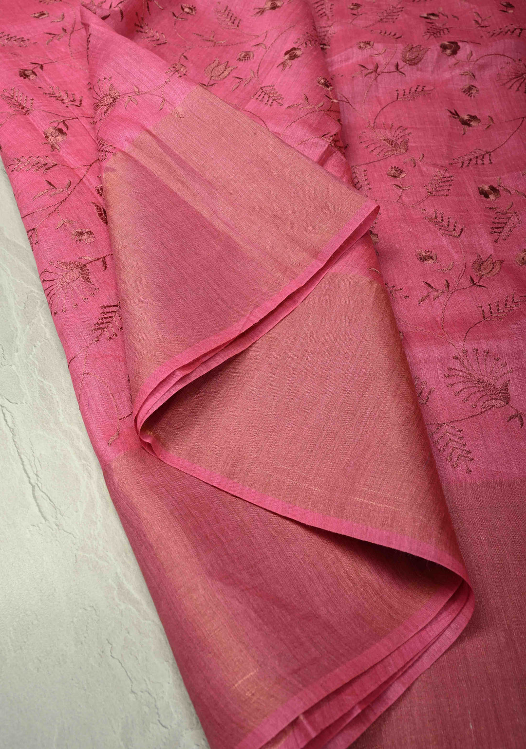 Pink Tussar Silk Saree with Floral Embroidery and Muted zari Border | SILK MARK CERTIFIED | SHOBITAM