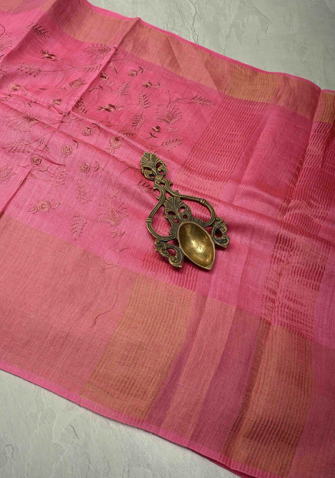 Pink Tussar Silk Saree with Floral Embroidery and Muted zari Border | SILK MARK CERTIFIED | SHOBITAM