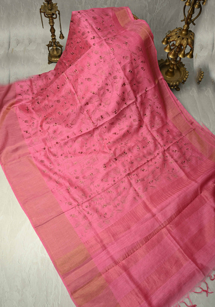 Pink Tussar Silk Saree with Floral Embroidery and Muted zari Border | SILK MARK CERTIFIED | SHOBITAM
