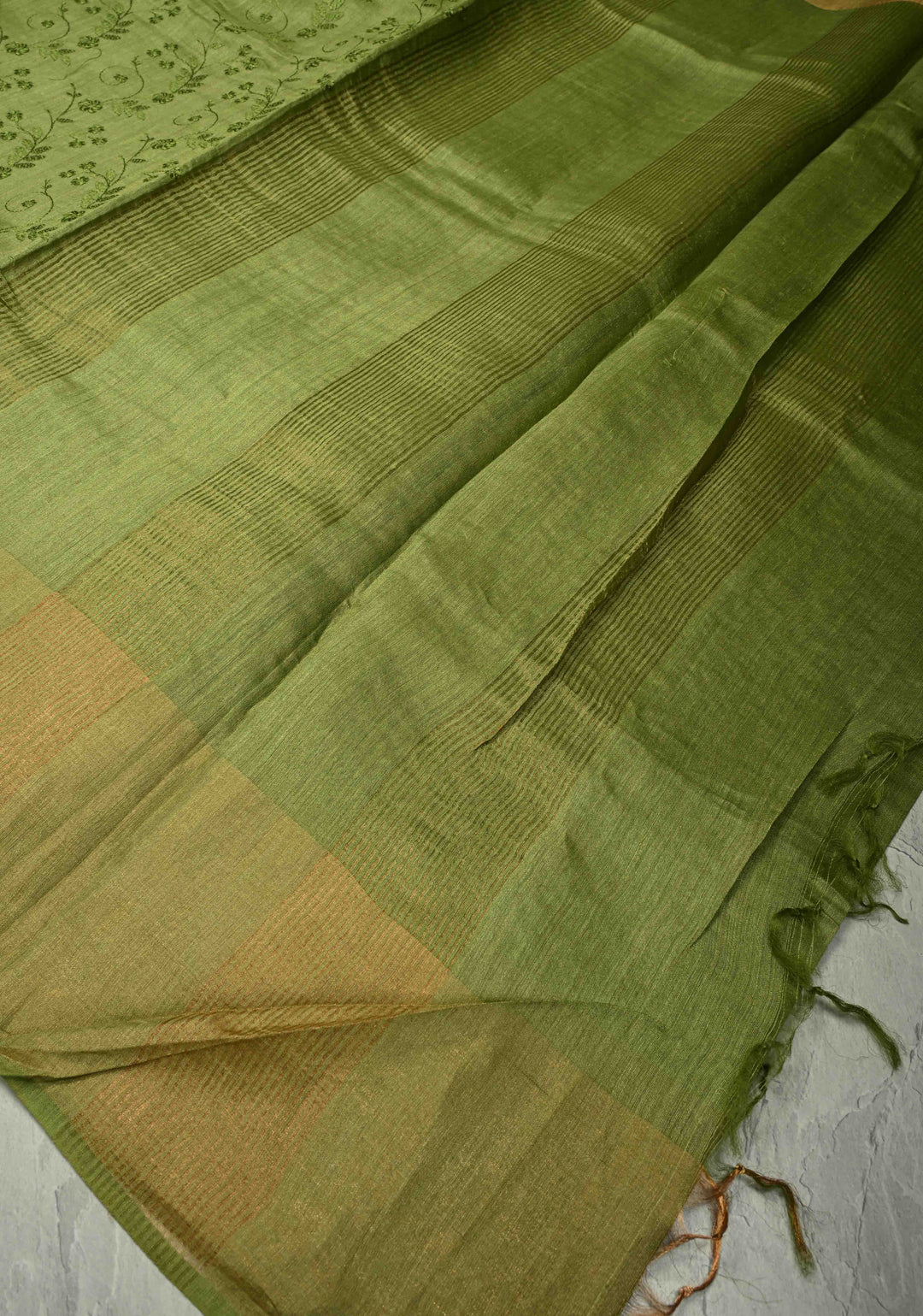 Green Tussar Silk Saree with Floral Embroidery and Muted zari Border | SILK MARK CERTIFIED