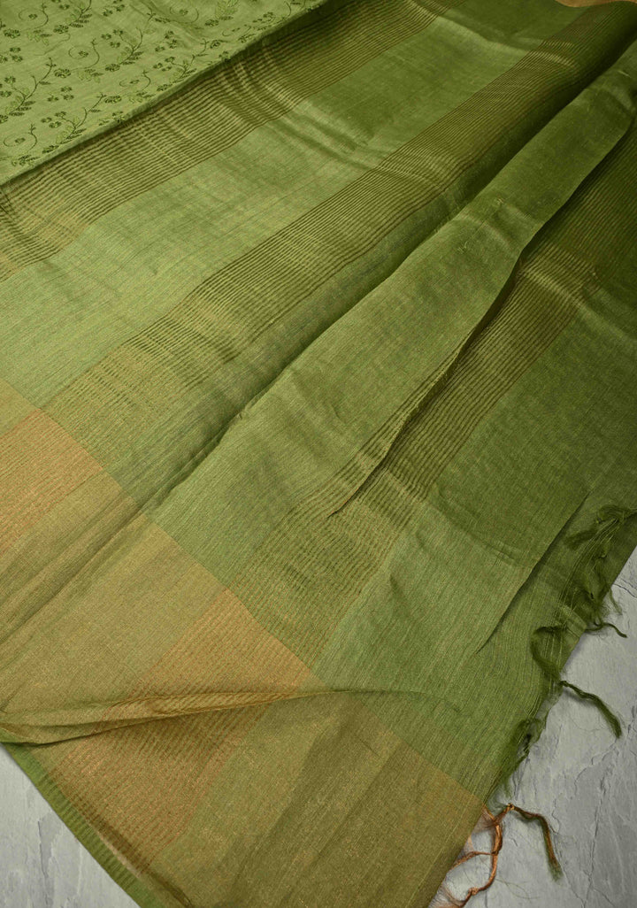 Green Tussar Silk Saree with Floral Embroidery and Muted zari Border | SILK MARK CERTIFIED