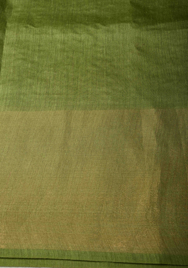 Green Tussar Silk Saree with Floral Embroidery and Muted zari Border | SILK MARK CERTIFIED