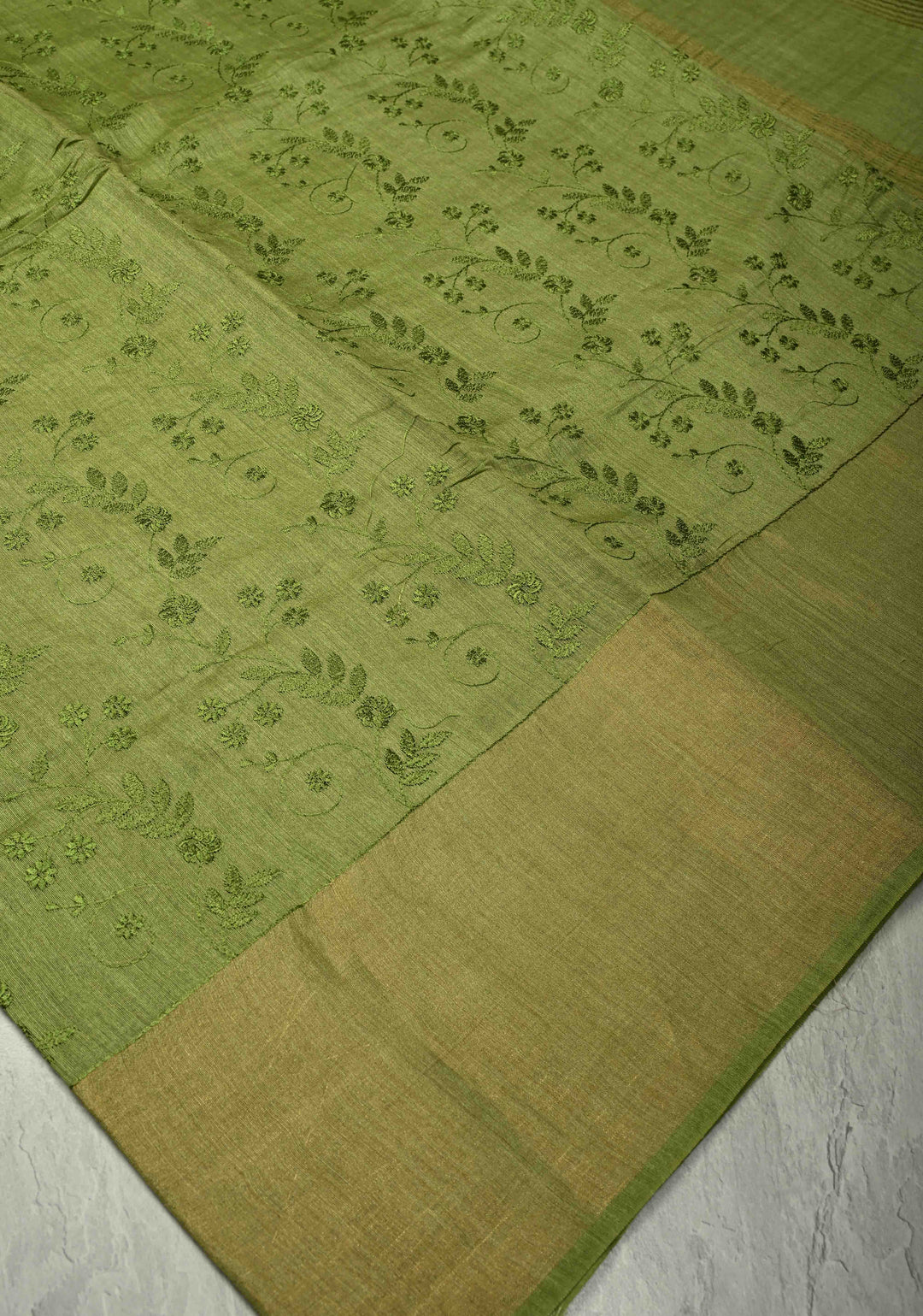 Green Tussar Silk Saree with Floral Embroidery and Muted zari Border | SILK MARK CERTIFIED